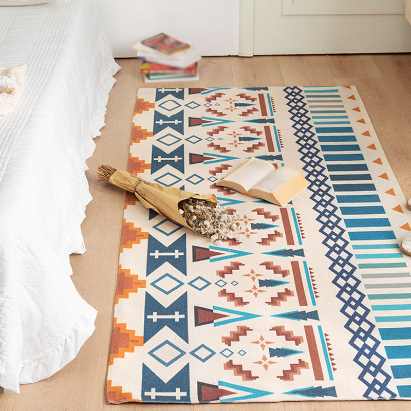 Multicolor Bedroom Rug Bohemian Stripe and Geometric Pattern Rug Flax Washable Anti-Slip Backing Pet Friendly Carpet