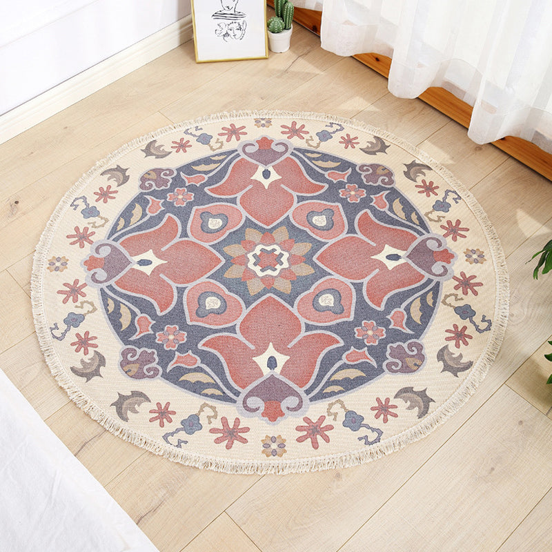 Multi Color Parlour Rug Moroccan Tribal Flower Pattern Rug Flax Washable Anti-Slip Backing Pet Friendly Area Carpet