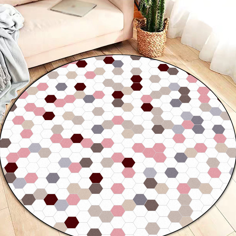 Creative Hexagon Pattern Rug White and Pink Modern Rug Polyester Pet Friendly Washable Non-Slip Area Rug for Decoration