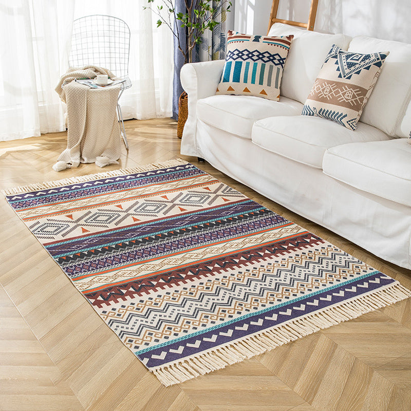 Multicolor Living Room Rug Bohemian Stripe and Geometric Pattern Rug Flax Washable Anti-Slip Backing Pet Friendly Carpet