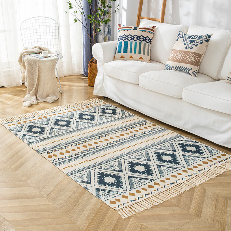 Multicolor Living Room Rug Bohemian Stripe and Geometric Pattern Rug Flax Washable Anti-Slip Backing Pet Friendly Carpet