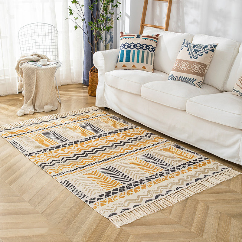 Multicolor Living Room Rug Bohemian Stripe and Geometric Pattern Rug Flax Washable Anti-Slip Backing Pet Friendly Carpet
