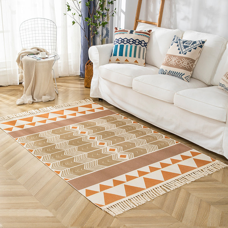 Multicolor Living Room Rug Bohemian Stripe and Geometric Pattern Rug Flax Washable Anti-Slip Backing Pet Friendly Carpet