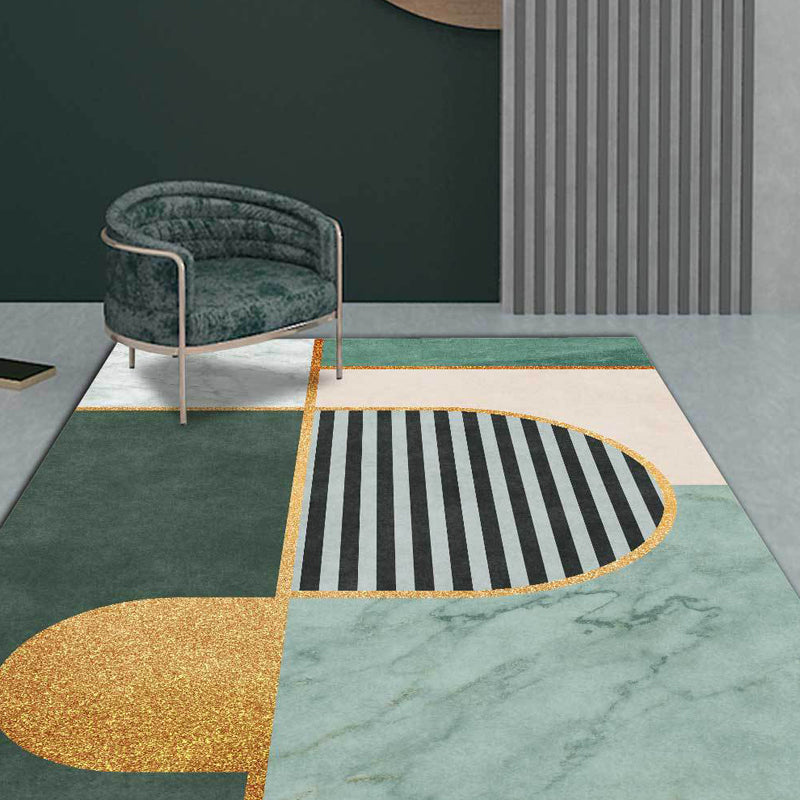 Green Contemporary Area Rug Polyester Geometry and Striped Pattern Rug Pet Friendly Washable Non-Slip Area Rug for Drawing Room