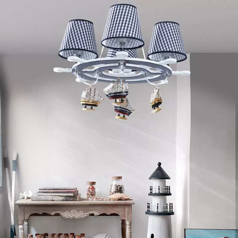 Rudder Study Room Chandelier with Plaid Shade & Ship Wood 4 Lights Nautical Pendant Light