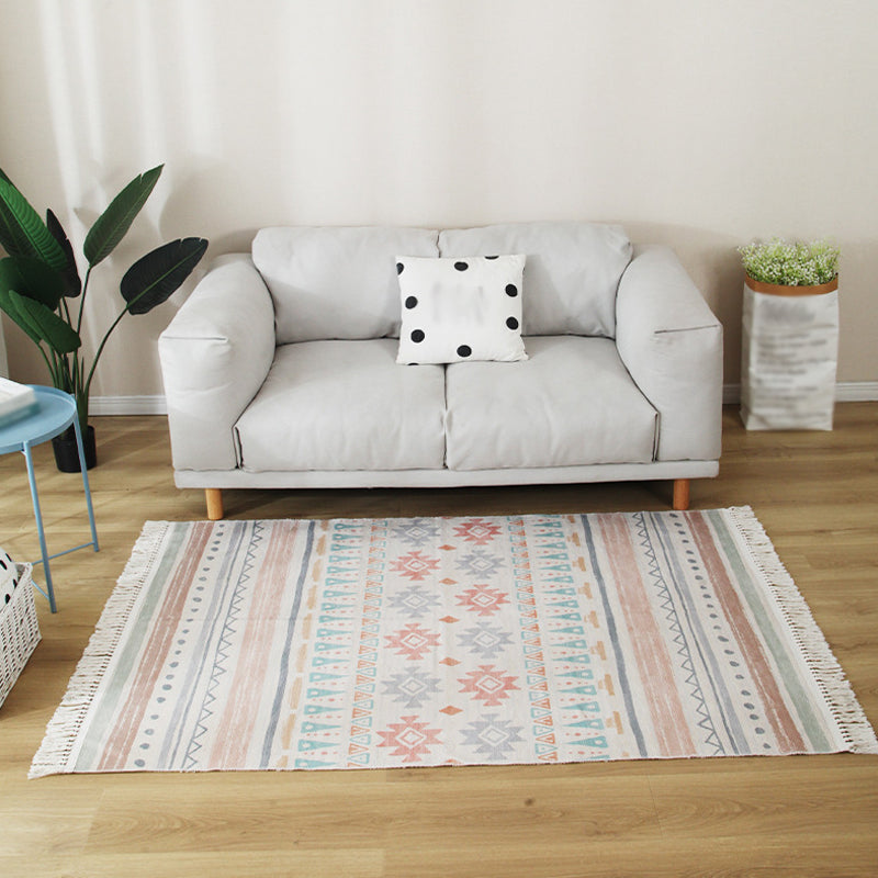 Multicolor Living Room Rug Shabby Chic Tribal Stripe Pattern Rug Flax Washable Anti-Slip Backing Pet Friendly Carpet