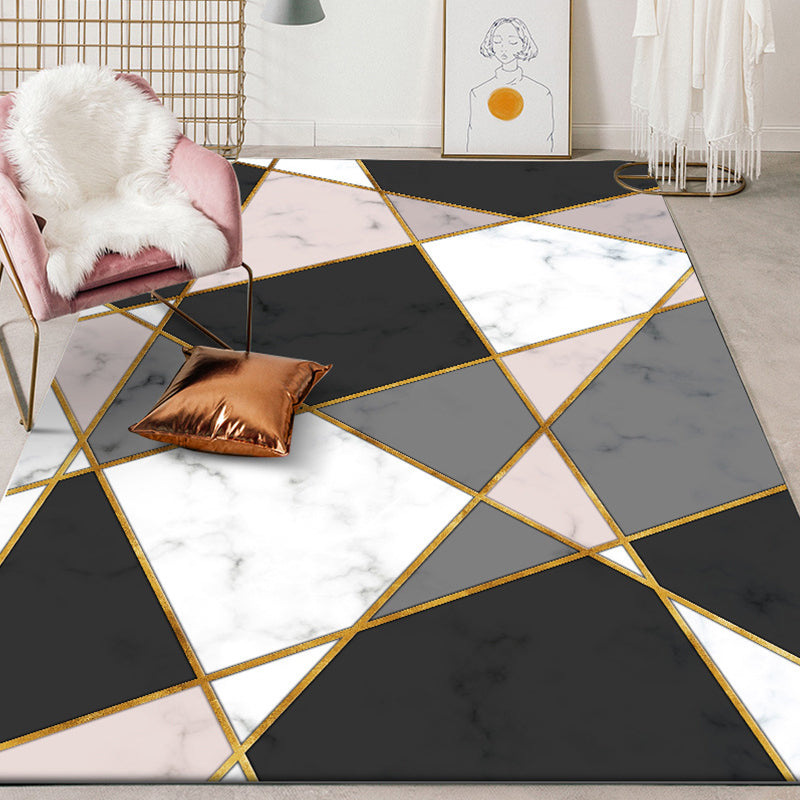 Black Geometric Pattern Rug Polyester Modern Rug Washable Non-Slip Pet Friendly Carpet for Living Room
