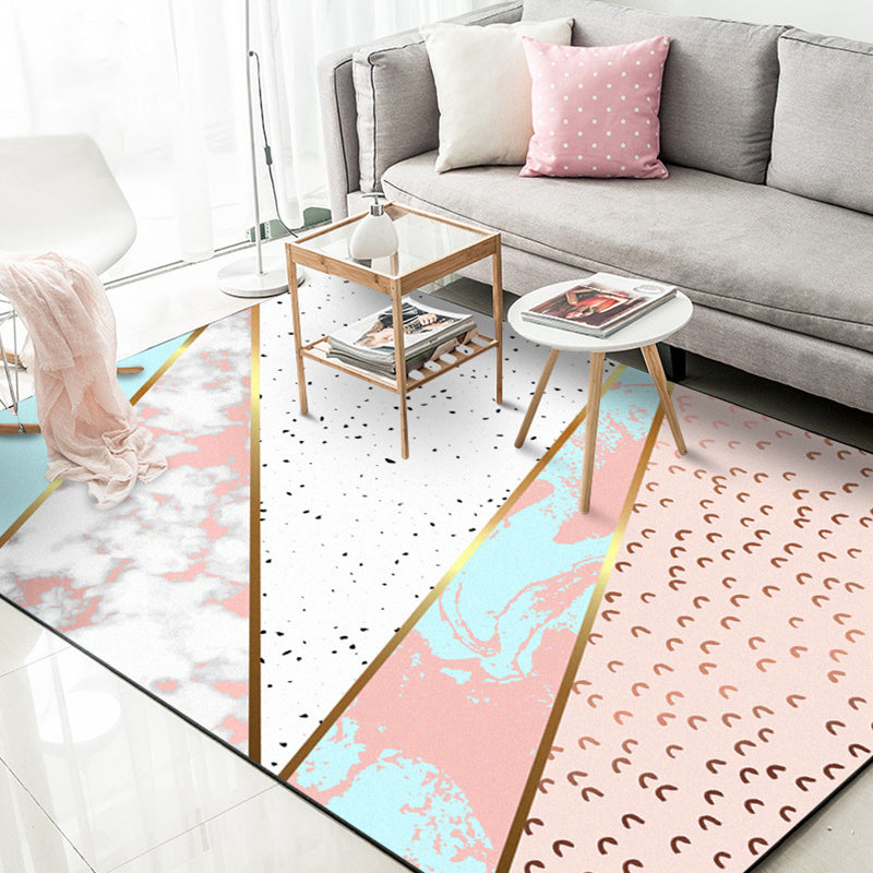 Decorative Geometric Pattern Rug with Spots Pink Nordic Rug Polyester Washable Non-Slip Carpet for Sitting Room