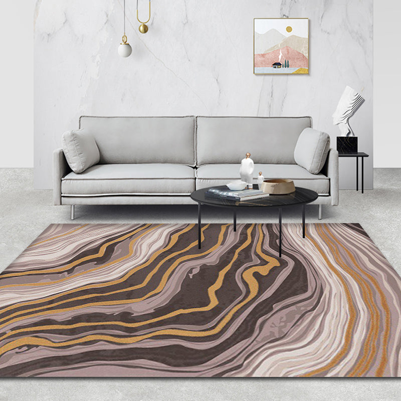Brown Bedroom Rug Modernist Swirl Stripe Pattern Rug Polyester Anti-Slip Backing Washable Area Rug