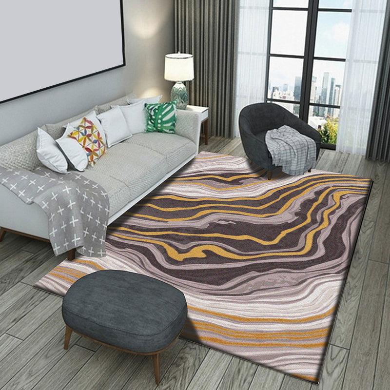 Brown Bedroom Rug Modernist Swirl Stripe Pattern Rug Polyester Anti-Slip Backing Washable Area Rug