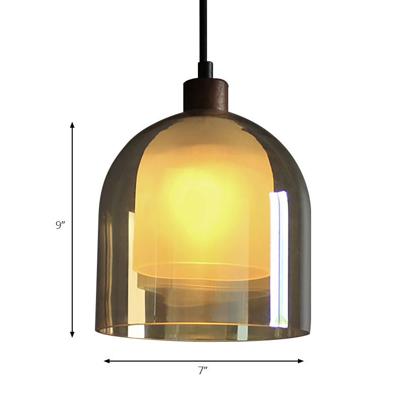 Amber Glass Bell Pendant Light Contemporain 1 Head Light Light Bronze Plafond Lampe avec une teinte en verre intérieure