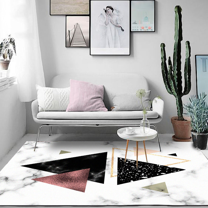 Novelty Triangle Pattern Rug with Marble Surface White Polyester Area Rug Non-Slip Washable Carpet for Living Room