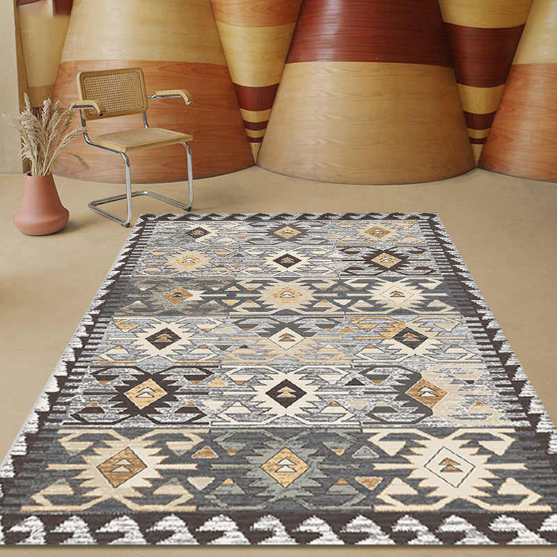 Grey Tribal Rhombus Pattern Rug Polypropylene Bohemian Area Rug Washable Anti-Slip Backing Rug for Living Room