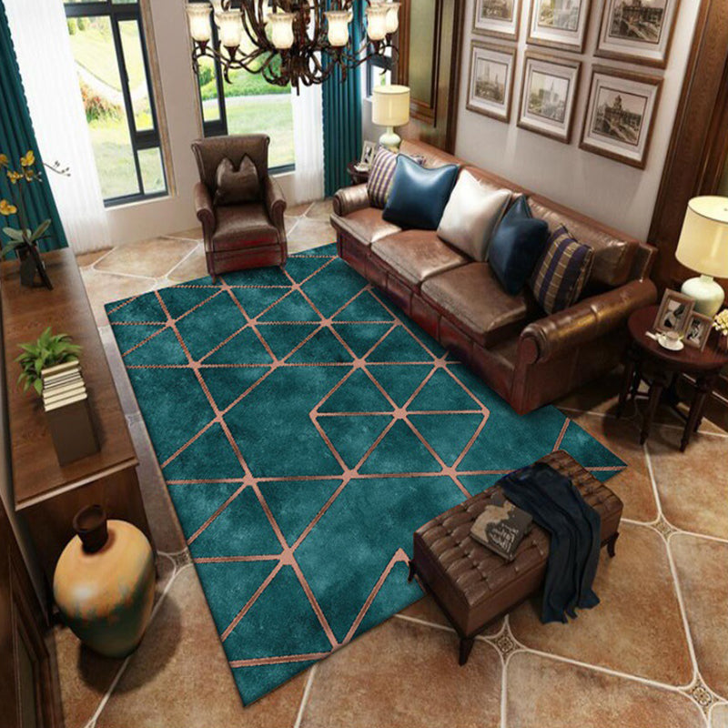 Green Bedroom Rug Modernist Geometric Pattern Rug Polyester Anti-Slip Backing Washable Area Rug