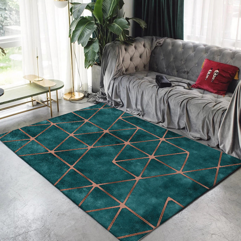 Green Bedroom Rug Modernist Geometric Pattern Rug Polyester Anti-Slip Backing Washable Area Rug