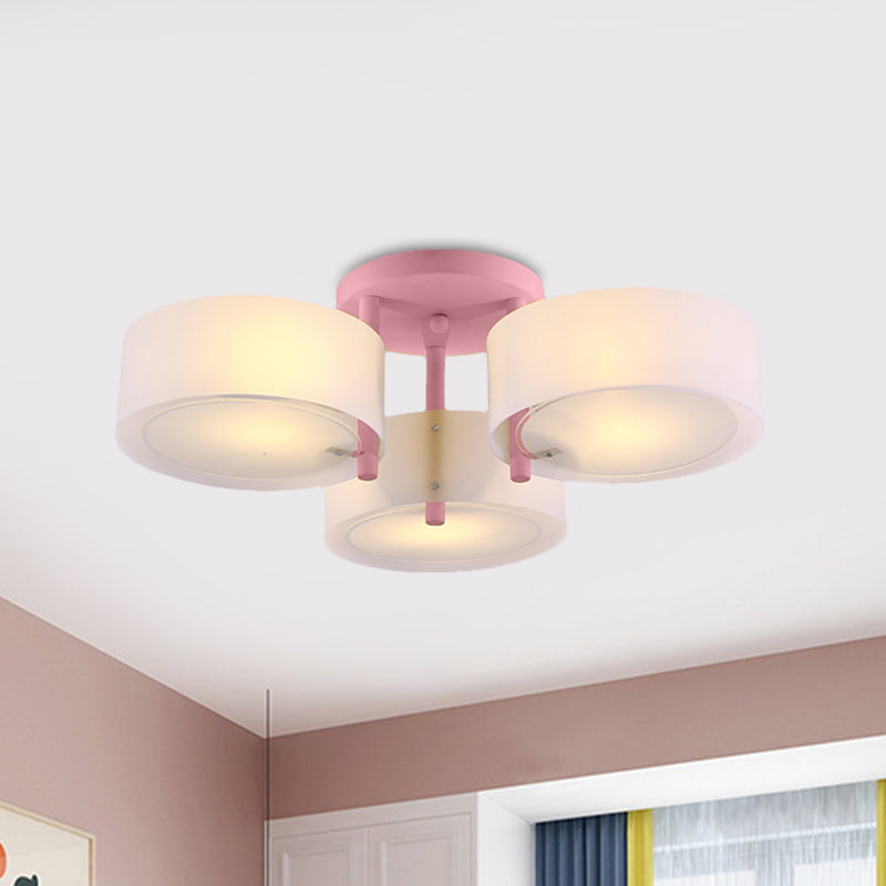 Macaron Semi Flush Mount Light Trum Shade 3 Luci in vetro smerigliato Lampada per camera da letto per bambini