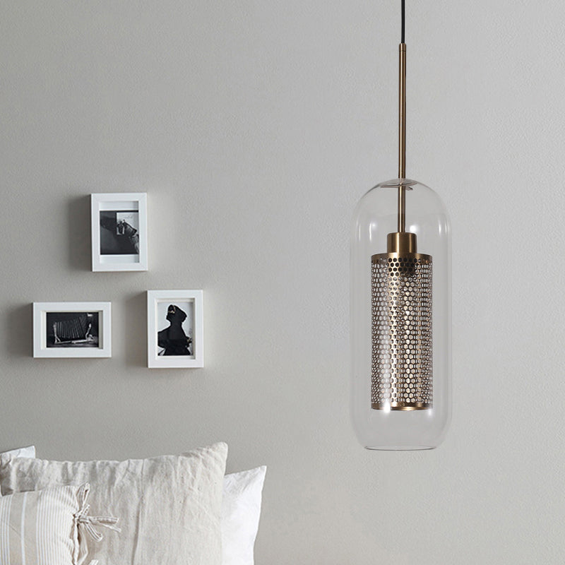 Capsule Shape Hanging Light 1 Light Modern Clear Glass Ceiling Lamp with Mesh Screen for Balcony
