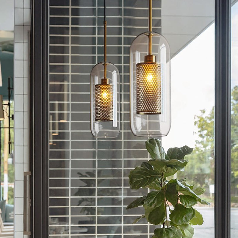 Capsule Shape Hanging Light 1 Light Modern Clear Glass Ceiling Lamp with Mesh Screen for Balcony