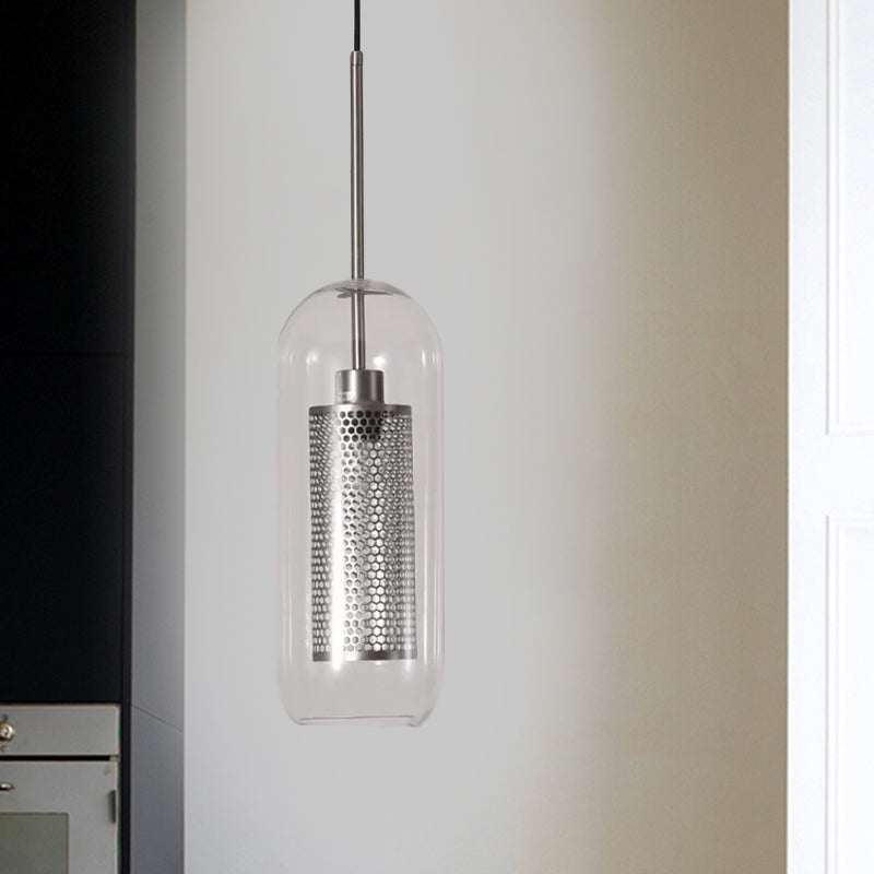Capsule Shape Hanging Light 1 Light Modern Clear Glass Ceiling Lamp with Mesh Screen for Balcony