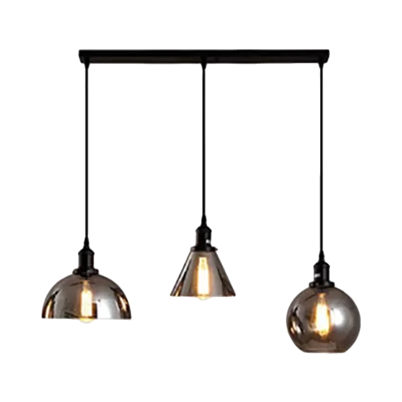 Luci 3/4 nere a sospeso a sospeso industriale Smoked Glass geometrico cluster cluster, baldacchino lineare/rotondo