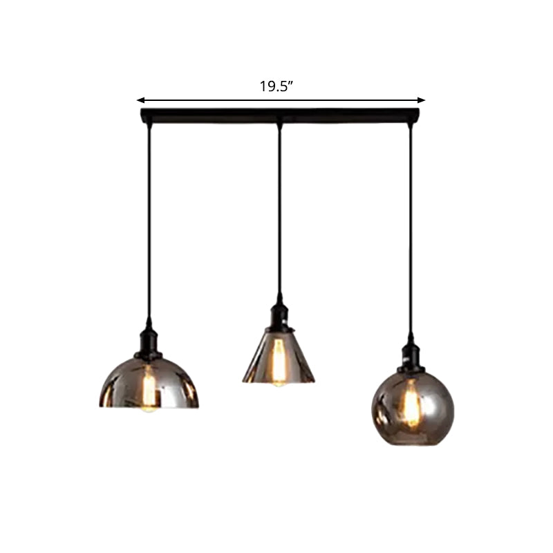 Luci 3/4 nere a sospeso a sospeso industriale Smoked Glass geometrico cluster cluster, baldacchino lineare/rotondo
