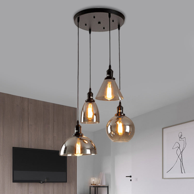 Luci 3/4 nere a sospeso a sospeso industriale Smoked Glass geometrico cluster cluster, baldacchino lineare/rotondo
