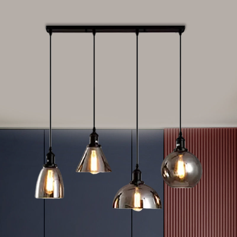 Luci 3/4 nere a sospeso a sospeso industriale Smoked Glass geometrico cluster cluster, baldacchino lineare/rotondo