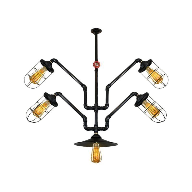 5 lumières Cage en fil métallique Suspended Light Industrial Style Chandelier Lampe avec tuyau d'eau pour salle à manger