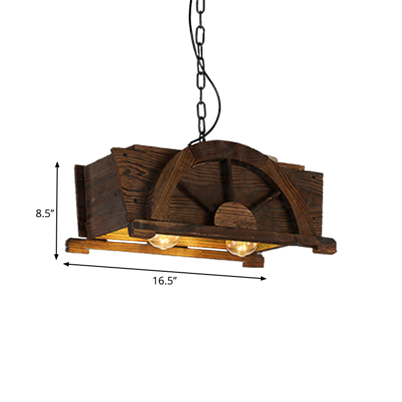 Brown Wood Rectangle Hanging Light 2-bulb Antique Ceiling Fixture for Restaurant