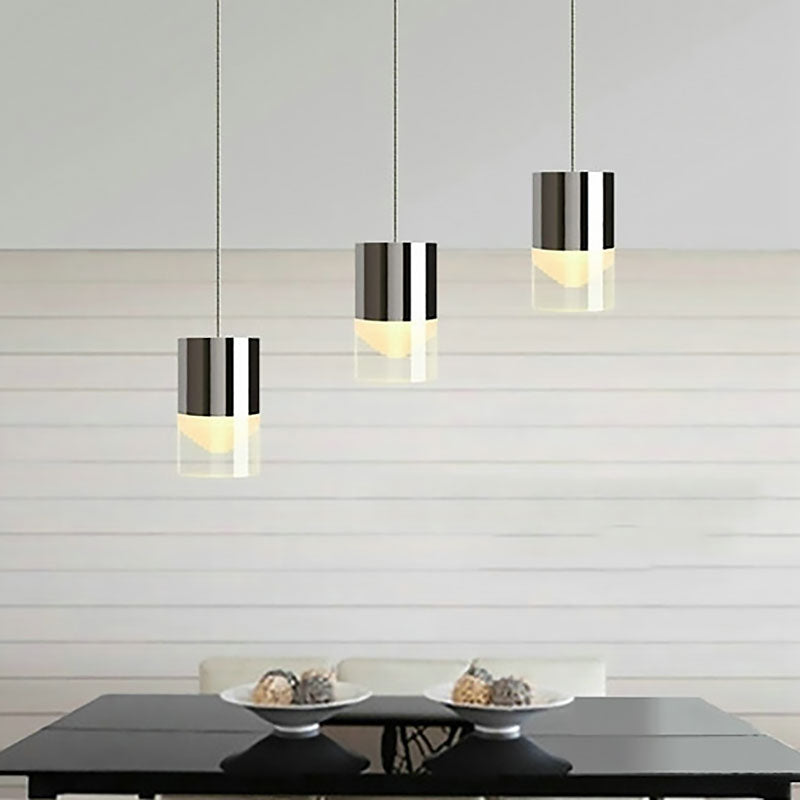 Lámpara colgante de cilindro de luz triple de metal simple y vidrio cromado Luz de cromo para barra