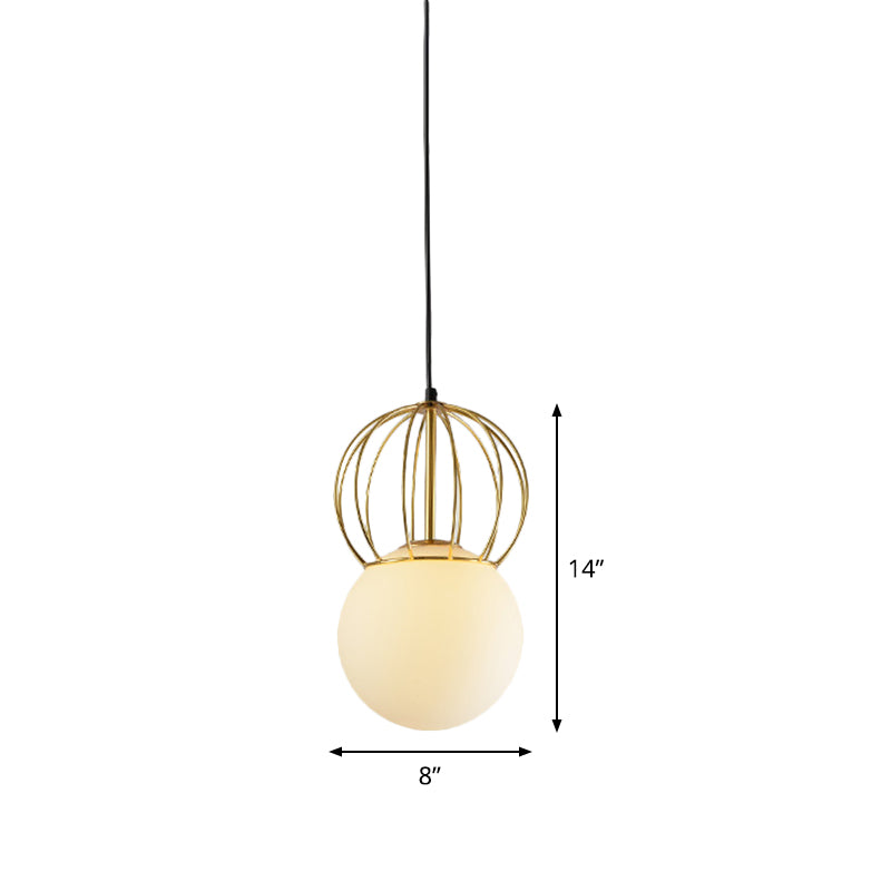 Luz de suspensión de globo blanco con alambre de hierro de melón 1 bombilla de vidrio esmerilado moderno luz colgante para dormitorio