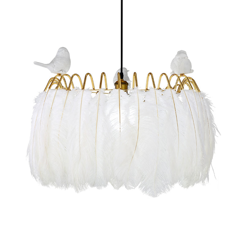 Suspension de tambour contemporain avec tissu d'oiseau 1 lampe suspendue blanche claire pour chambre à coucher