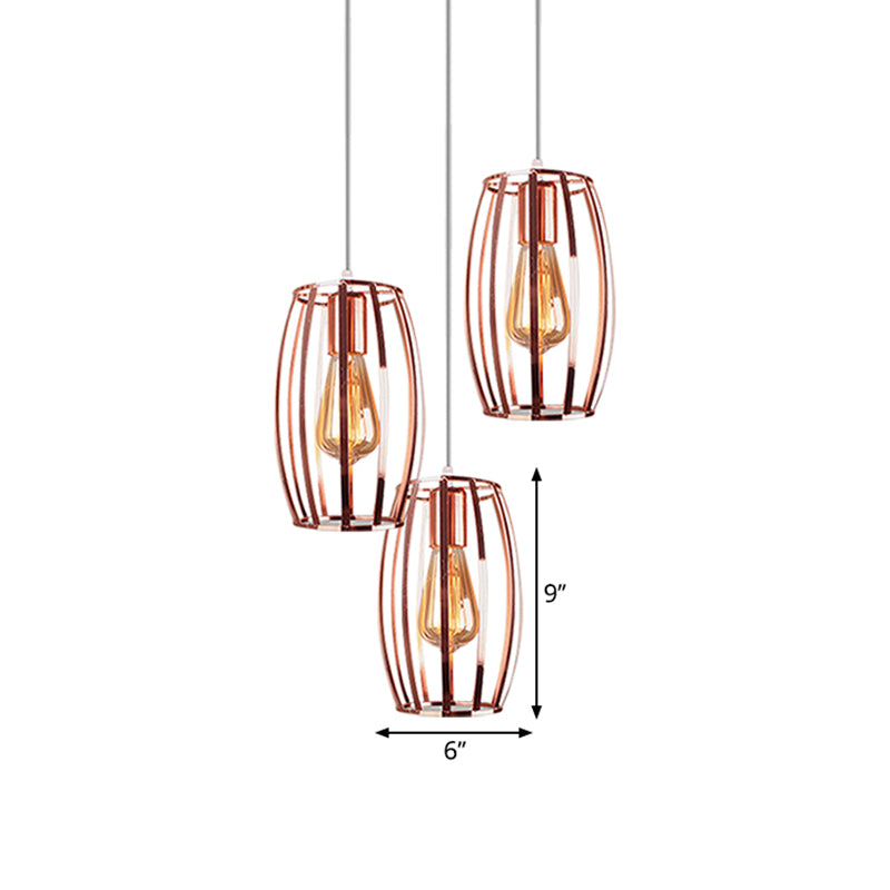 Iron Copper Hanging Lamp Oval Cage Shade 3 Bulbs Industrial Stylish Ceiling Fixture with Round/Linear Canopy for Bedroom