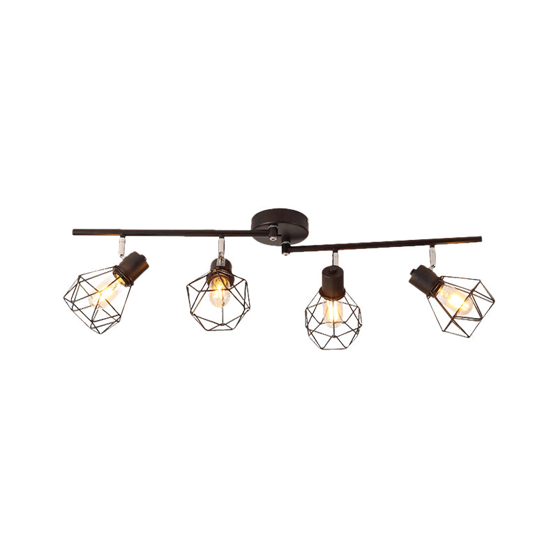 4-lampen Plafondlamp met Mini Diamantkooi Metalen Vintage Keuken Semi Flush Mount Licht in Zwart
