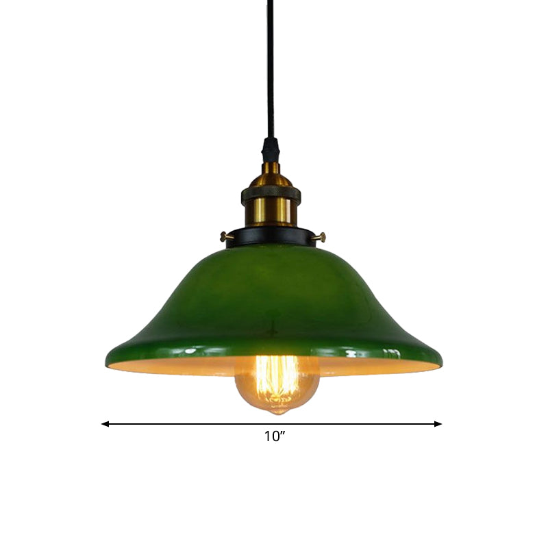 Brass Flared Pendant Fixture Antique Green Glass 1 Light Living Room Hanging Ceiling Light with Adjustable Pulley