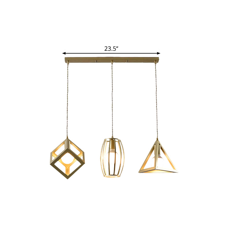 Metal Golden Hanging Lamp Wire Frame 3 Lights Farmhouse Suspended Light with Round/Linear Canopy for Living Room