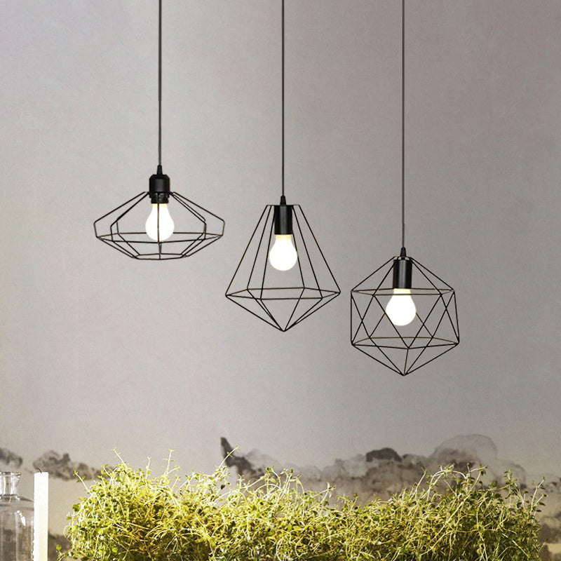 Farmhouse Wire Cage Ceiling Fixture 3 Lights Iron Pendant Light Fixture with Different Shade in Black