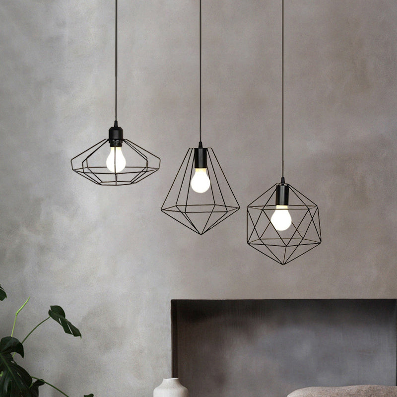 Farmhouse Wire Cage Ceiling Fixture 3 Lights Iron Pendant Light Fixture with Different Shade in Black