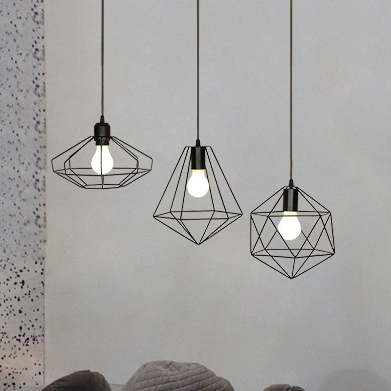 Farmhouse Wire Cage Ceiling Fixture 3 Lights Iron Pendant Light Fixture with Different Shade in Black