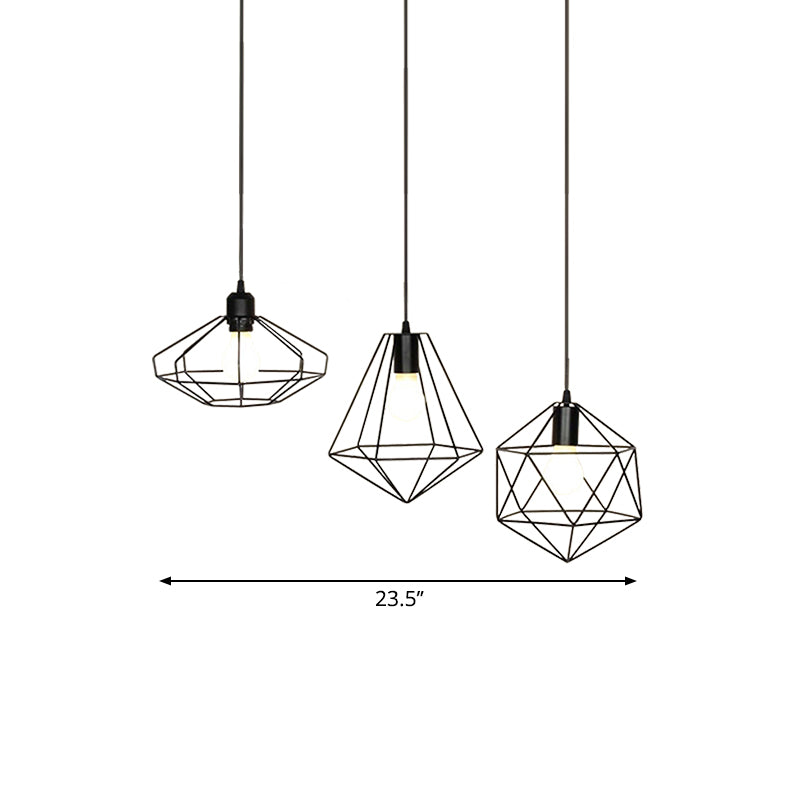 Farmhouse Wire Cage Ceiling Fixture 3 Lights Iron Pendant Light Fixture with Different Shade in Black