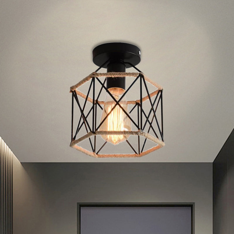 Black 1 Bulb Semi Flush Mount Light Lodge Style Metal and Rope Globe/Diamond Cage Ceiling Fixture for Hallway