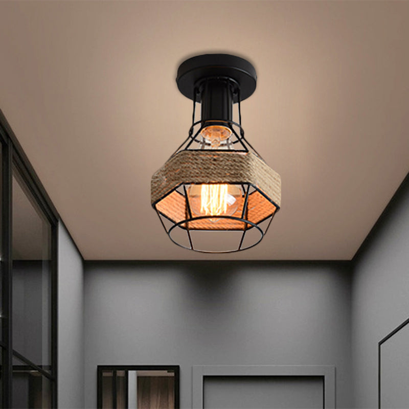 Zwart 1-lamp semi-inbouwlamp Lodge-stijl metaal en touw Globe/Diamant kooi-plafondarmatuur voor gang