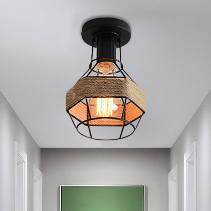 Zwart 1-lamp semi-inbouwlamp Lodge-stijl metaal en touw Globe/Diamant kooi-plafondarmatuur voor gang