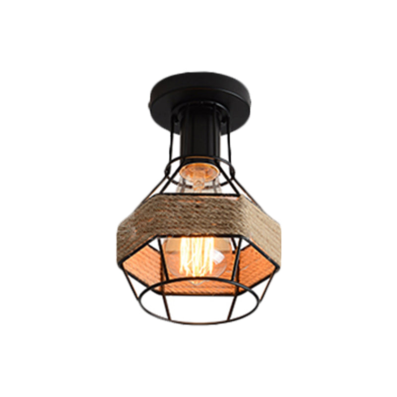 Zwart 1-lamp semi-inbouwlamp Lodge-stijl metaal en touw Globe/Diamant kooi-plafondarmatuur voor gang