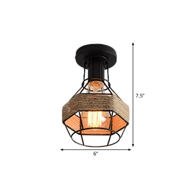 Black 1 Bulb Semi Flush Mount Light Lodge Style Metal and Rope Globe/Diamond Cage Ceiling Fixture for Hallway