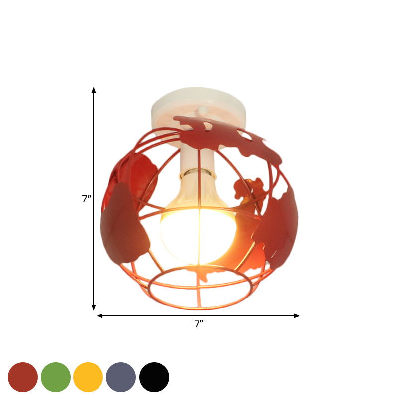 Globe Metallic Flush Mount Light con ombra a gabbia Stile industriale 1 corridoio con soffitto in nero in nero/rosso