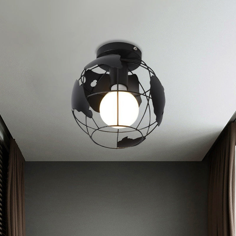Globe Metallic Flush Mount Light con ombra a gabbia Stile industriale 1 corridoio con soffitto in nero in nero/rosso