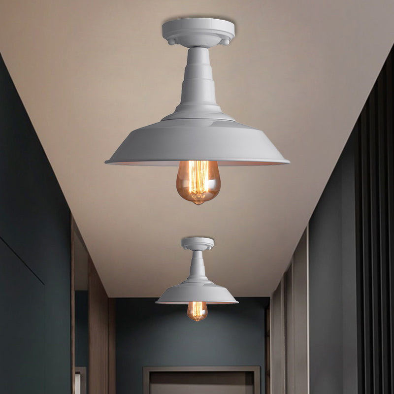 Barn Shade Metal Ceiling Mounted Light Vintage Style 1 Head Foyer Semi-Flush Ceiling Light in Black/White