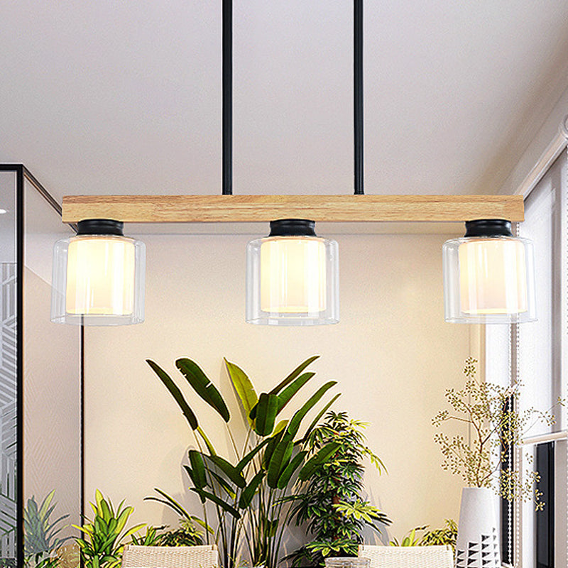 Double Glass Cylinder Shade Island Lighting Restaurant 3/4-Head Nordic Wooden Linear Pendant in White