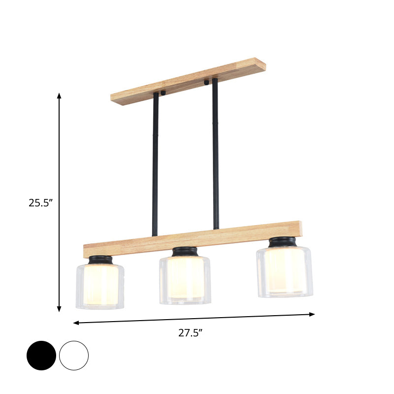 Double Glass Cylinder Shade Island Lighting Restaurant 3/4-Head Nordic Wooden Linear Pendant in White